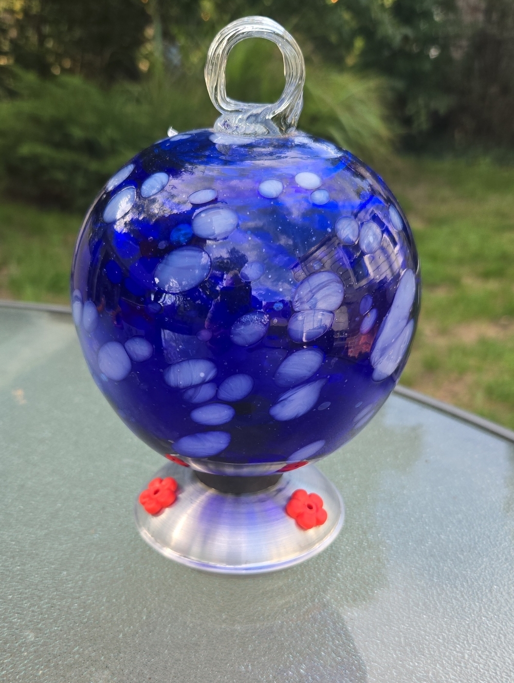 MX Art Glass Hummingbird Feeder Blown Recycled Cobalt Blue White Confetti Mexico